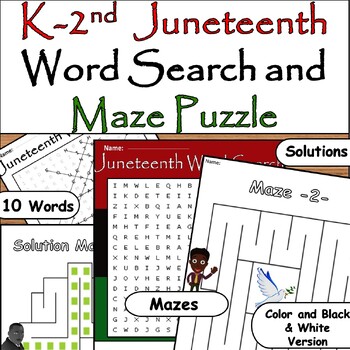 Preview of Juneteenth Puzzles: Kindergarten Word Search & Maze with 10 Words Find Puzzles