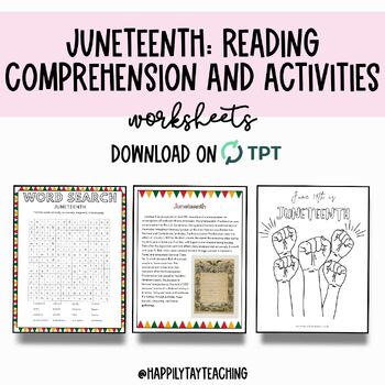 Preview of Juneteenth Reading Comprehension, Coloring Page, and Word Search Activities