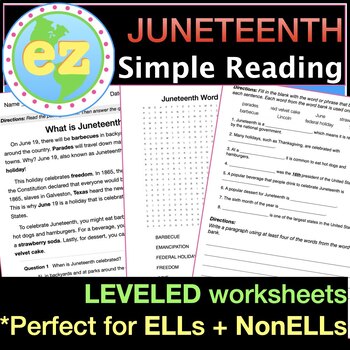 Preview of Juneteenth Reading Comprehension and Activities LEVELED WORKSHEETS