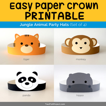 Preview of Jungle Animal Paper Crown, Printable Mask, Costume: Monkey, Hippo, Tiger, Panda