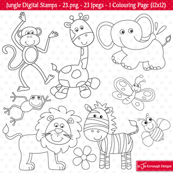 Jungle Animal Stamps, Jungle Animal Clip Art, Colouring Page (S14)