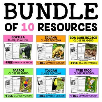 Preview of Jungle Animal Close Reading Passages Bundle + FREE Spanish