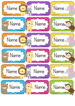 Jungle Animals Editable Name Tags / Desk Plates - Rainbow Chevron