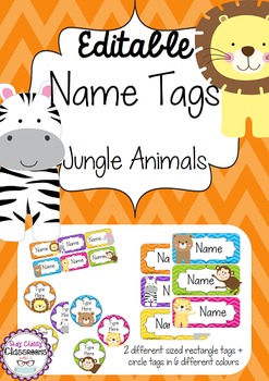 Jungle Animals Editable Name Tags / Desk Plates - Rainbow Chevron