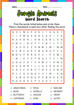 Preview of Jungle Animals Names Fun Vocabulary Word Search Worksheets Puzzles