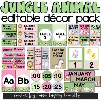 Preview of Jungle Animals Plant Floral Theme Classroom Decor Pack EDITABLE Wild Animal Set