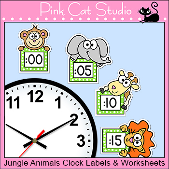 Preview of Jungle Telling Time Clock Labels - Wild Animals Theme Classroom Decor