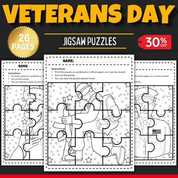 Preview of Patriotic Veterans Day Jigsaw Coloring Puzzles - Fun Patriots Games & Activities