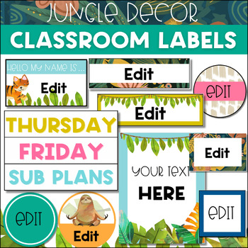 Preview of Jungle Classroom Labels & Sign Templates (EDITABLE) - Rainforest Decor