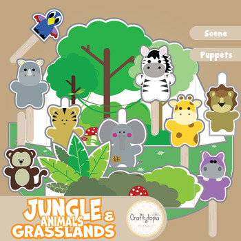 Preview of Jungle & Grasslands Animals 3D Tree Scene - Popsicle Stick or Standing Puppets