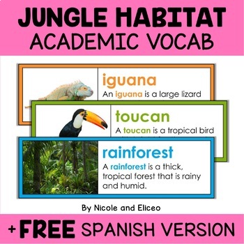Preview of Jungle Animal Habitat Word Wall Vocabulary + FREE Spanish