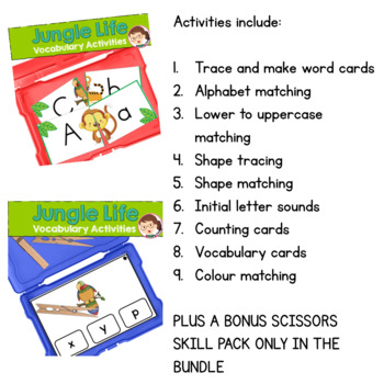 jungle activites bundle for preschool and prek ela literacy math centers