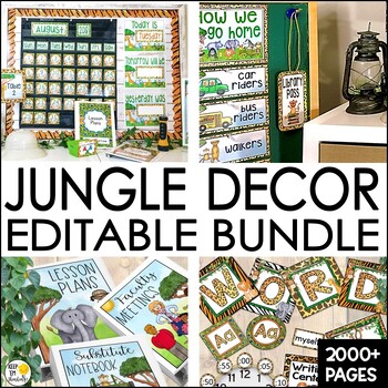 Preview of Jungle Theme Classroom Decor Bundle: Editable Safari Theme Animal Print Decor