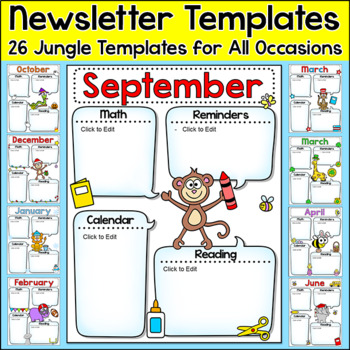 Preview of Jungle Theme Editable Monthly Newsletter Templates - Wild Animals Classroom