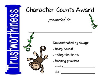 Jungle Themed Character Counts Awards By Susan Green Tpt
