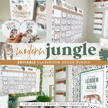 Preview of Jungle Themed Classroom Decor Bundle | Safari Animals Neutral Decor | EDITABLE
