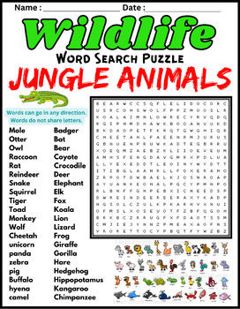 Jungle animals Word Search Puzzle Worksheet Activity | Wildlife Puzzles