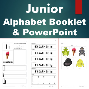 Preview of Junior - Alphabet Booklet with worksheet and quiz + PowerPoint (Flashcards)