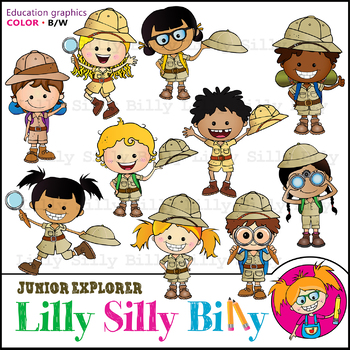 Preview of Junior Explorers. Clipart. BLACK AND WHITE & Color Bundle. {Lilly Silly Billy}