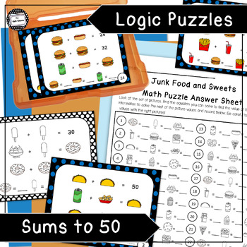 Preview of Junk Food Logic Puzzle Enrichment Activity Task Cards Addition Sums to 50