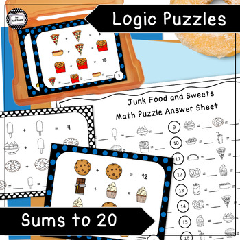 Preview of Junk Food Math Logic Puzzle Enrichment Activity Task Cards Addition Sums to 20