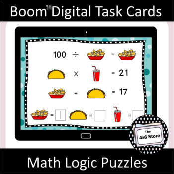 Preview of Junk Food Math Logic Puzzles Mixed Operation Digital Task Cards Boom Learning 