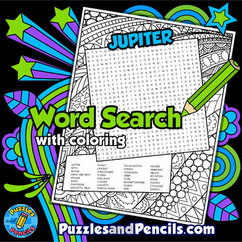 Preview of Jupiter Word Search Puzzle Activity Page with Coloring | Solar System | Planets