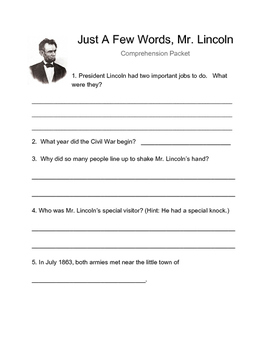 Preview of Just A Few Words, Mr. Lincoln (Comprehension packet)