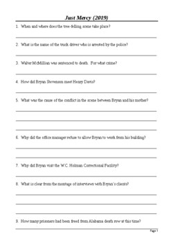 Preview of Just Mercy Movie - Watch-along Viewing Questions Worksheet with answers