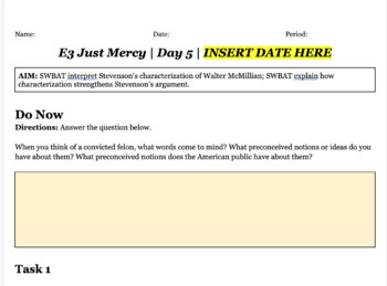 Preview of Just Mercy Unit | Classwork Worksheet | Week 1 Lesson 5 | AP Language & Comp