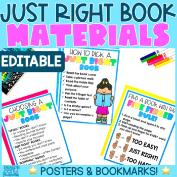 Preview of Help Students Choose A Just Right Book Editable Posters and Bookmarks | Grade 1+