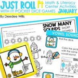 Winter Math and Literacy Pocket Dice Centers for January