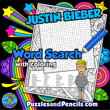 Preview of Justin Bieber Word Search Puzzle Activity and Coloring | Famous Canadians
