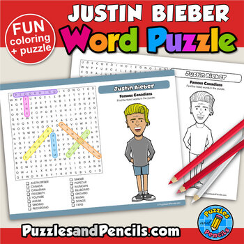 Preview of Justin Bieber Word Search Puzzle and Coloring Activity | Famous Canadians