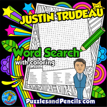 Preview of Justin Trudeau Word Search Puzzle Activity and Coloring | Famous Canadians