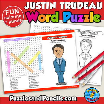 Preview of Justin Trudeau Word Search Puzzle and Coloring Activity | Famous Canadians