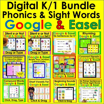 K/1 Digital Bundle for EASEL and Google Slides Phonics Rhyming Sight Words