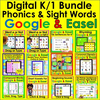 Preview of K/1 Digital Bundle for EASEL and Google Slides Phonics Rhyming Sight Words