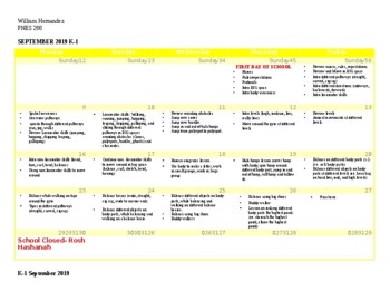 Preview of K-1 School Year Calendar for Physical Education