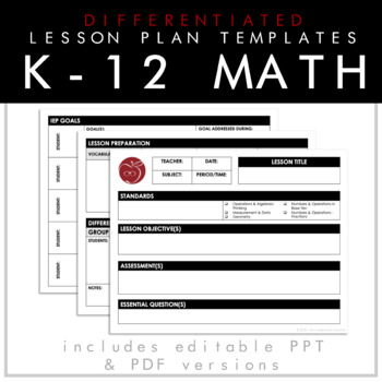 Preview of K-12 Differentiated Math Lesson Plan Templates (Editable PPT with PDF option)