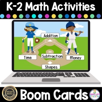 Preview of K-2 Math Review Boom Cards Addition Subtraction Money Shapes Time