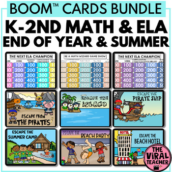 Preview of K - 2nd Grade Math & ELA End of Year / Summer Escape Rooms and Review Game Show