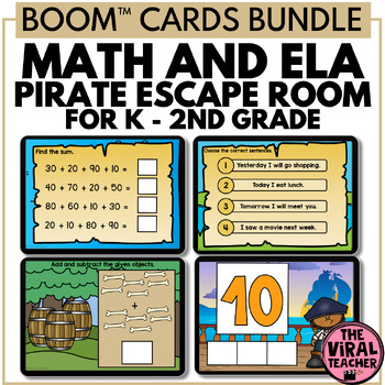 Preview of K - 2nd Grade Math and ELA Pirate Escape Room Boom™ Cards Bundle