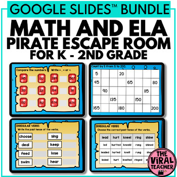 Preview of K - 2nd Grade Math and ELA Pirate Escape Room Google Slides™ Bundle