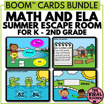 Preview of K - 2nd Grade Math and ELA Summer Escape Room Boom™ Cards Bundle