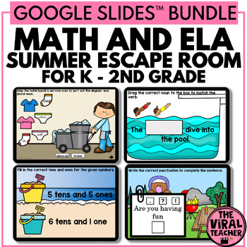 Preview of K - 2nd Grade Math and ELA Summer Escape Rooms Bundle using Google Slides™
