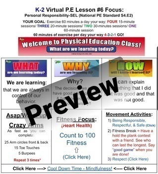 Preview of K-2nd Virtual/Classroom Physical Education Lesson Plans (8 Lessons)