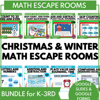 Preview of K - 3rd Grade Christmas Math and Winter Escape Rooms Google Slides™ Games Bundle