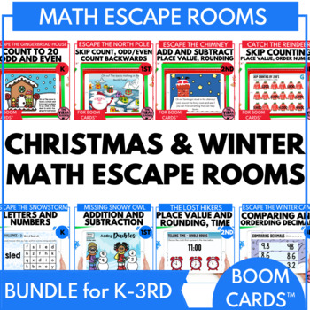 Preview of K - 3rd Grade Math Christmas and Winter Escape Rooms Activity Boom Cards Bundle