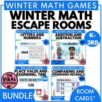 Preview of K - 3rd Grade Winter Math Escape Rooms Activity Boom Cards™ Bundle